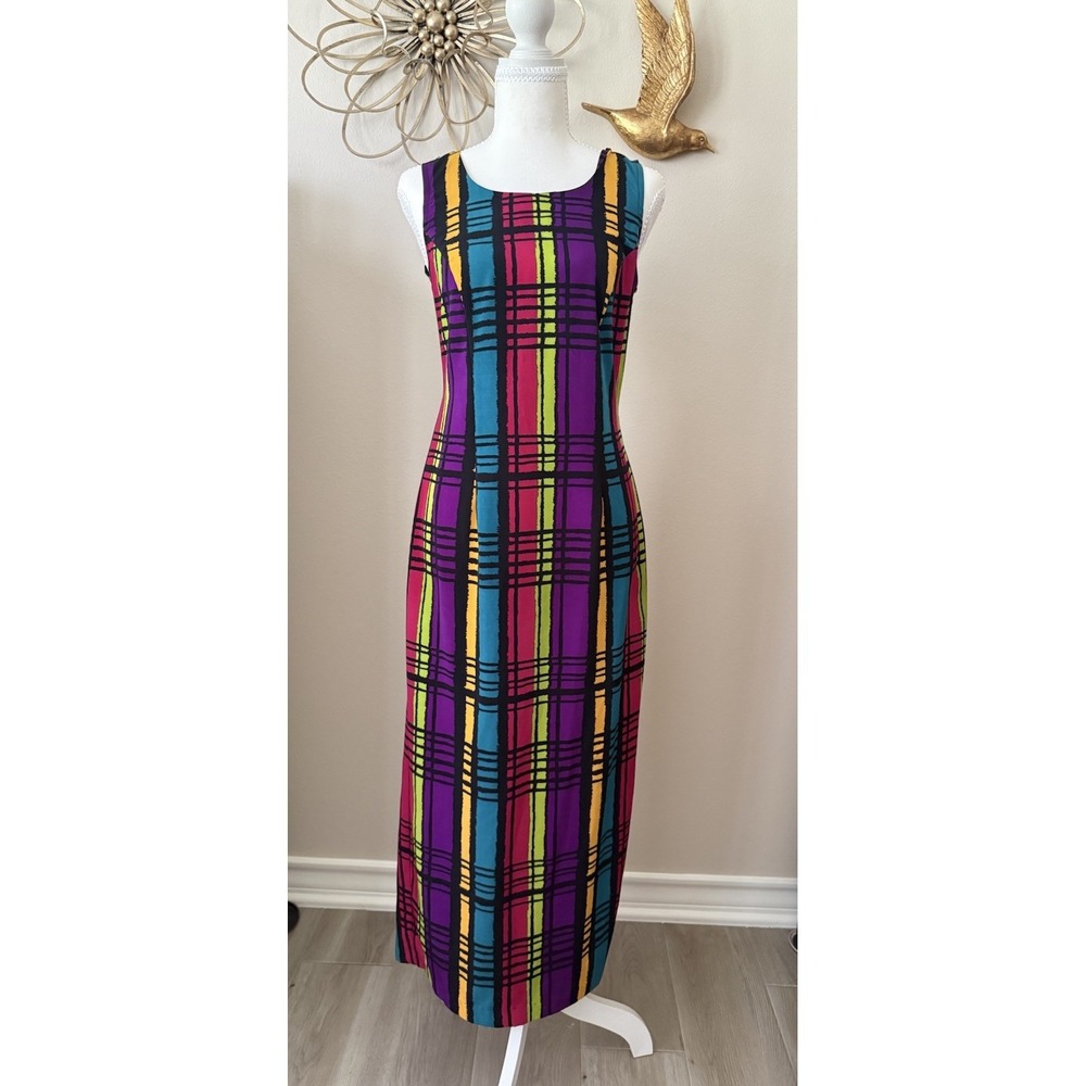 Vintage Dani Michaels Dress Womens Small Bright Plaid Midi 90s Retro Sleeveless